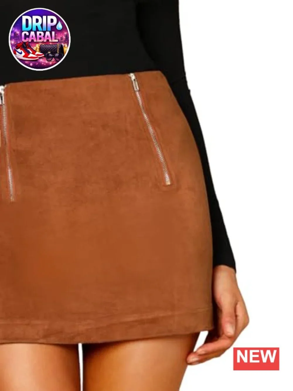Faux Suede Bodycon Mini Skirt High Waist Double Zipper Front